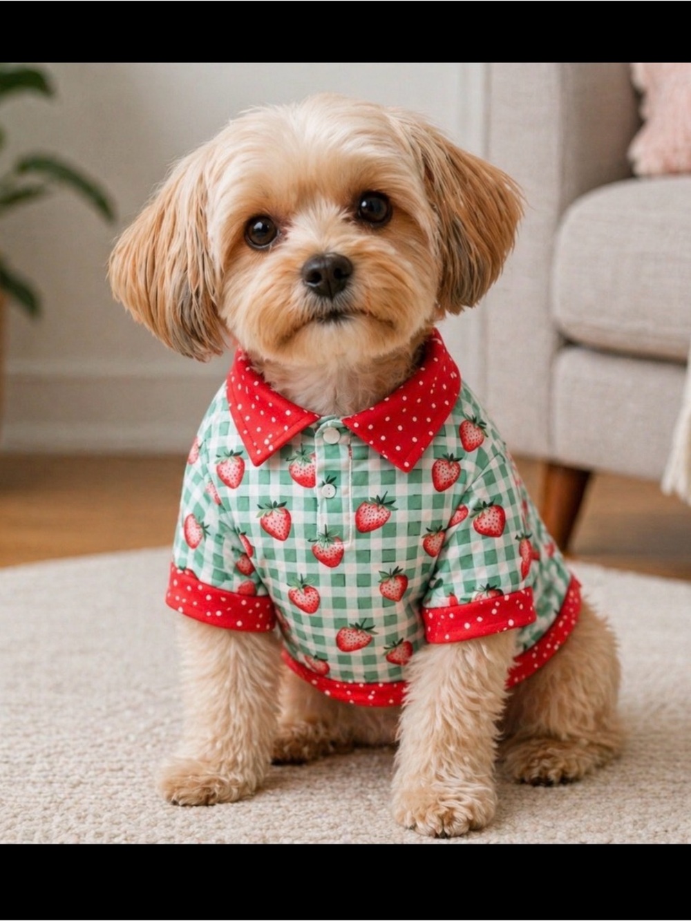 🐾 Strawberry Print Dog Polo with Red Trim